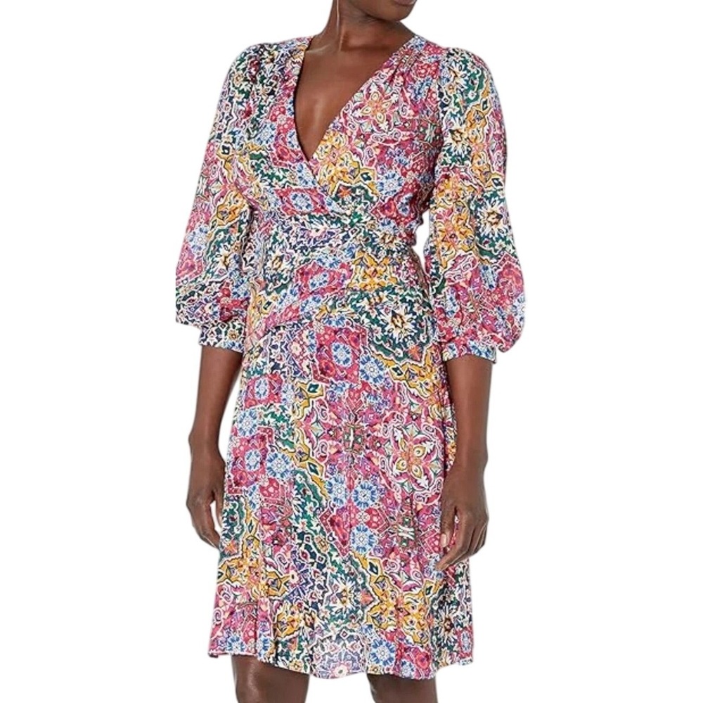 NWT Calvin Klein 4 Multicolor Floral Dress‎ V-Neck 3/4 Sleeve Cottage Coquette
